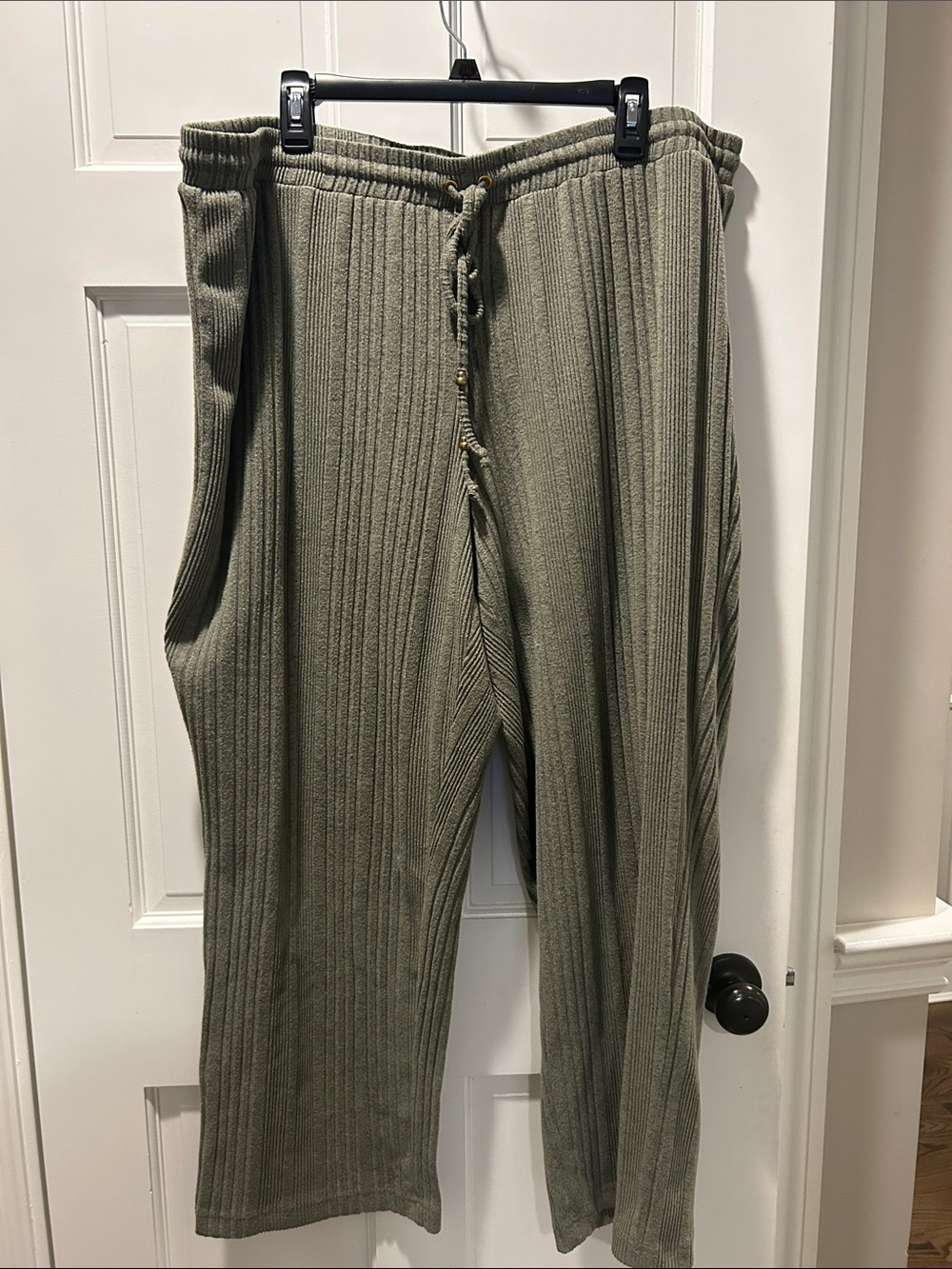 Women’s Ribbed Drawstring Pants - Olive Green - Picture 1 of 5